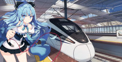 Rule 34 | 1girl, bare shoulders, black skirt, blue eyes, blue hair, blue ribbon, blush, breasts, cleavage, detached collar, floating hair, indoors, large breasts, leaning forward, long hair, matching hair/eyes, miniskirt, original, personification, pleated skirt, ponytail, rain lan, ribbon, scenery, shade, shirt, skirt, smile, solo, string, string of fate, train, train station, very long hair, white shirt