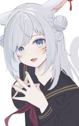 1girl absurdres animal_ears black_serafuku blue_eyes bow bowtie double_bun fang final_fantasy final_fantasy_xiv hair_bun heart heart_in_eye highres indie_virtual_youtuber long_sleeves looking_at_viewer miqo&#039;te nekomugi_tororo open_mouth own_hands_together red_bow red_bowtie school_uniform serafuku solo steepled_fingers symbol_in_eye tumugi_sunohara virtual_youtuber warrior_of_light_(ff14) white_background white_hair