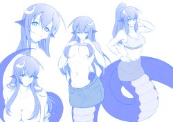 Rule 34 | 1girl, blue theme, blush, breasts, cleavage, collarbone, fang, hair between eyes, hair ornament, hairclip, hand up, head tilt, highres, lamia, large breasts, leaning forward, long hair, looking at viewer, medium breasts, miia (monster musume), monochrome, monster girl, monster musume no iru nichijou, multiple views, navel, pointy ears, ponytail, scales, simple background, skin fang, sports bra, tadpolejackson, tail, white background, wristband