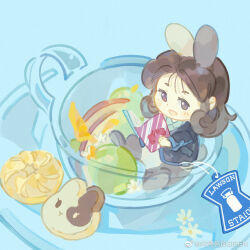 Rule 34 | 1girl, animal-themed food, animal ears, animal feet, apple, apple slice, aqua shirt, black jacket, black sleeves, blazer, blue background, blush stickers, book, brown eyes, brown hair, chibi, chinese commentary, collared shirt, commentary request, cookie, cup, curly hair, daisy, eyelashes, flower, food, fruit, grapes, holding, holding book, in container, in cup, jacket, long sleeves, looking at object, medium hair, open book, open clothes, open jacket, open mouth, original, pocket, rabbit ears, reading, saucer, shirt, simple background, siren (jzy601306223), smile, solo, teabag, teacup, watermark, weibo logo, weibo watermark, white flower