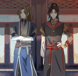 Rule 34 | 2boys, architecture, belt, black hair, brown eyes, brown hair, chinese clothes, closed mouth, crossed arms, east asian architecture, expressionless, feet out of frame, feng xin, hand on own hip, high ponytail, highres, long sleeves, looking at viewer, mu qing (tianguan cifu), multiple boys, red belt, red eyes, tianguan cifu, yuz46