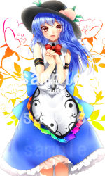 Rule 34 | 1girl, armband, bad id, bad pixiv id, blue hair, blush, bow, dress, flower, food, food-themed clothes, frills, fruit, hat, highres, hinanawi tenshi, long hair, open mouth, orange eyes, own hands together, peach, sample watermark, see-through, sleeveless, smile, solo, touhou, tsukiriran, watermark