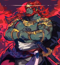 Rule 34 | 1boy, armlet, bara, bare pectorals, beard, clothes down, colored skin, facial hair, feet out of frame, fiery background, fire, fist in hand, frown, ganondorf, glowing gem, gold, graysheartart, green skin, highres, huge eyebrows, large pectorals, long hair, looking at viewer, male focus, mature male, midriff sarashi, muscular, muscular male, nintendo, official alternate costume, one eye covered, orange hair, pectorals, sarashi, sheath, sheathed, sketch, solo, tattoo, the legend of zelda, the legend of zelda: tears of the kingdom, thick eyebrows