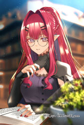 Rule 34 | 1girl, absurdres, baobhan sith (fate), baobhan sith (swimsuit pretender) (fate), baobhan sith (swimsuit pretender) (second ascension) (fate), blood, blurry, blurry background, book, bookshelf, colored inner hair, fate/grand order, fate (series), glasses, grey eyes, hair ornament, highres, light rays, long hair, long sleeves, looking at viewer, multicolored hair, nail polish, open mouth, plant, pointy ears, red hair, red nails, satsuki ame, sidelocks, solo, teeth, twitter username, upper body