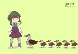 Rule 34 | 1girl, bird, braid, commentary request, dated, dress, duck, duckling, flying sweatdrops, green hair, grey legwear, highres, kantai collection, luci ole, neck ribbon, one-hour drawing challenge, purple dress, ribbon, school uniform, sidelocks, solo, takanami (kancolle), twitter username