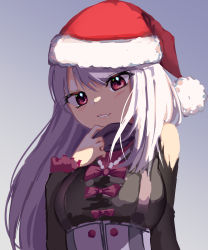 Rule 34 | 1girl, absurdres, bow, breasts, commentary, corset, dayshiart, english commentary, grey hair, hat, highres, holding, holding clothes, holding scarf, indie virtual youtuber, jowol, light blush, long hair, looking down, medium breasts, parted lips, red bow, red eyes, santa hat, scarf, smile, solo, virtual youtuber