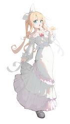Rule 34 | 1girl, absurdres, bare shoulders, blonde hair, blue eyes, bow, dress, frilled dress, frills, full body, grey footwear, hair bow, highres, long hair, long sleeves, looking at viewer, mishuo (misuo69421), off-shoulder dress, off shoulder, original, parted lips, puffy long sleeves, puffy sleeves, shoes, simple background, sleeves past wrists, solo, twintails, very long hair, white background, white bow, white dress