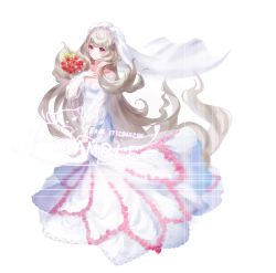 Rule 34 | 1girl, a ji, absurdly long hair, bouquet, breasts, bridal veil, chinese commentary, cleavage, collarbone, dress, flower, grey hair, hand on own chest, heart, highres, impossible hair, long hair, long sleeves, looking at viewer, nijisanji, nijisanji en, off-shoulder dress, off shoulder, pink flower, pink rose, purple eyes, red flower, red rose, reimu endou, rose, sample watermark, small breasts, smile, solo, veil, very long hair, virtual youtuber, watermark, wedding dress, white background, white dress