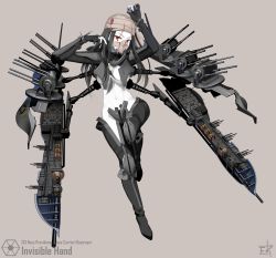 Rule 34 | 1girl, absurdres, animification, artist name, bandages, black hair, braid, center opening, character name, coin, fingerless gloves, full body, gloves, grey background, gun, highres, invisible hand, long hair, mask, mecha musume, midriff, navel, pale skin, personification, red eyes, rifle, solo, star wars, thighhighs, vectorek, weapon