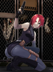 Rule 34 | 1girl, absurdres, artist name, bare shoulders, belt, bodysuit, boots, breasts, capcom, chain-link fence, closed mouth, commentary request, covered collarbone, dino crisis, dinosaur, fence, finger on trigger, fingerless gloves, fingernails, full body, glock, gloves, gun, hanabusa (xztr3448), handgun, highres, holding, holding weapon, holster, knee boots, leotard, lips, looking at viewer, medium breasts, red eyes, red hair, regina (dino crisis), serious, short hair, signature, simple background, skin tight, sleeveless, sleeveless bodysuit, squatting, thigh holster, turtleneck, velociraptor, weapon