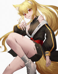 Rule 34 | 1girl, animal ear fluff, animal ears, bad id, bad pixiv id, bandaged leg, bandages, black jacket, black tank top, blonde hair, blood, blood on face, breasts, commission, highres, jacket, long hair, long sleeves, looking at viewer, mea (hwaksal), medium breasts, open mouth, original, red eyes, scar, shoes, smirk, sneakers, solo, tank top, white background, white footwear