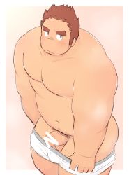 Rule 34 | 1boy, 3c pan, ass, bara, belly, blush, boxers, brown hair, erection, facial hair, facial scar, fat, fat man, feet out of frame, from above, tamamura gunzo, highres, large pectorals, long sideburns, looking at viewer, looking up, male focus, male underwear, male underwear pull, muscular, muscular male, navel, navel hair, no nipples, pectorals, penis, pulling own clothes, scar, scar on cheek, scar on face, scribble, short hair, sideburns, solo, spiked hair, stomach, stubble, thick eyebrows, thick thighs, thighs, tokyo houkago summoners, topless male, underwear, underwear only, undressing, white male underwear