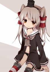 Rule 34 | 10s, 1girl, amatsukaze (kancolle), bad id, bad pixiv id, black panties, brown eyes, choker, collarbone, cowboy shot, dress, garter straps, grey background, grey hair, grey neckerchief, hair between eyes, hair tubes, kantai collection, long hair, long sleeves, looking at viewer, multicolored background, neckerchief, nishihata kei, open clothes, open dress, panties, red thighhighs, sailor dress, short dress, sitting, solo, striped clothes, striped thighhighs, tareme, thighhighs, two side up, underwear, white background, white thighhighs