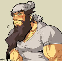 Rule 34 | 1boy, arm hair, bara, beard, blush, casual, character request, chest hair, covered erect nipples, facial hair, green hair, head scarf, large pectorals, male focus, mature male, muscular, muscular male, pectorals, rybiok, sangokushi puzzle taisen, solo, tearing up, upper body