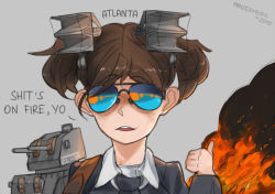 Rule 34 | 10s, 1girl, 2015, brown hair, cannon, english text, female focus, fire, freckles, kantai collection, looking at viewer, machinery, meme, open mouth, original, panzermeido, pointing, portrait, short hair, smoke, solo, sunglasses, teeth, turret, two side up, upper body, uss atlanta (cl-51), world of warships