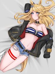 Rule 34 | 1girl, animal ears, bandeau, bare shoulders, bed sheet, belt, black belt, black choker, black jacket, blonde hair, blue bow, blue eyes, bow, breasts, choker, cleavage, commentary request, cutoffs, denim, denim shorts, gold city (umamusume), hair bow, highres, horse ears, jacket, long hair, long sleeves, lying, medium breasts, midriff, navel, off shoulder, on back, open clothes, open jacket, scrap (formerlymetal), short shorts, shorts, solo, stomach, strapless, striped bandeau, swept bangs, tail, thigh strap, thighs, tube top, umamusume, white footwear
