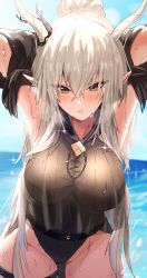 Rule 34 | 1girl, absurdres, arknights, arms behind head, arms up, blue sky, blush, breasts, brown eyes, close-up, crossed bangs, grey hair, hair between eyes, highres, horn/wood, horns, large breasts, long hair, looking at viewer, official alternate costume, one-piece swimsuit, outdoors, parted lips, pointy ears, shining (arknights), shining (silent night) (arknights), sidelocks, sky, solo, sunlight, swimsuit, thighs, water, wet, wet clothes