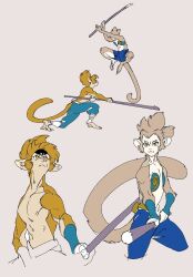 Rule 34 | 1boy, 1girl, animal ears, bad id, blue pants, blue shorts, body fur, brown fur, brown hair, cart2017, fighting, fighting stance, flat chest, flat color, foreshortening, furry, furry female, furry male, highres, holding, holding staff, holding weapon, inactive account, jumping, monkey boy, monkey ears, monkey girl, monkey tail, original, pants, prehensile feet, serious, shorts, sideburns, simple background, spiked hair, staff, tail, thick eyebrows, toned, topless male, weapon