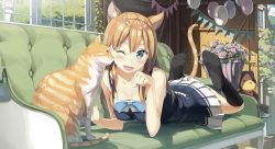 Rule 34 | 1girl, absurdres, animal, animal ears, bad id, bad pixiv id, balloon, black socks, blue dress, blue ribbon, blush, building, cat, cat ears, cat tail, commentary request, couch, derivative work, dress, fang, flower, highres, kiriko (araragikoyomi), kneehighs, looking at viewer, lying, no shoes, on stomach, one eye closed, open mouth, orange hair, original, paw pose, plant, ribbon, socks, solo, stuffed animal, stuffed toy, tail, teddy bear, window