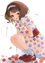 Rule 34 | 1girl, blush, breasts, brown hair, crossed arms, dress, falling petals, floral print, flower, full body, highres, idolmaster, idolmaster cinderella girls, looking at viewer, lvetica, medium breasts, multicolored clothes, multicolored dress, nagatomi hasumi, petals, platform footwear, puffy short sleeves, puffy sleeves, red flower, red footwear, red rose, rose, short sleeves, simple background, smile, socks, solo, speech bubble, squatting, translation request, white background, white socks