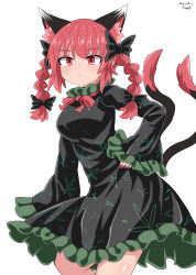 Rule 34 | 1girl, animal ears, black bow, black dress, bow, braid, breasts, cat ears, chups, closed mouth, cowboy shot, dated, dress, frilled dress, frills, hair bow, hand on own hip, highres, kaenbyou rin, long sleeves, medium breasts, medium hair, multiple tails, nail polish, nekomata, red eyes, red hair, red nails, red neckwear, side braids, signature, simple background, solo, standing, tail, touhou, twin braids, two tails, white background