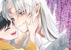 1boy 1girl black_hair closed_eyes flower highres hug inuyasha light_smile long_hair pointy_ears rin_(inuyasha) sesshoumaru simple_background teeth tori_dera upper_teeth_only white_background white_hair yellow_eyes