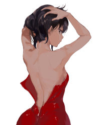 Rule 34 | 1girl, arms up, back, back focus, backless dress, backless outfit, bare arms, bare back, bare shoulders, black hair, breasts, brown eyes, dress, female focus, highres, holding, holding own hair, konbu wakame, looking at viewer, looking back, medium breasts, nape, neck, open mouth, original, red dress, revision, short dress, short hair, sideboob, simple background, solo, strapless, strapless dress, unzipped, upper body, white background, zipper