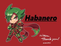 Rule 34 | 1boy, chibi, closed mouth, commission, full body, gloves, green hair, kotorai, lars alexandersson, looking at viewer, male focus, no nose, red background, red eyes, red gloves, red scarf, scar, scar across eye, scarf, short hair, simple background, skeb commission, smile, solo, tekken, thank you, translation request, v-shaped eyebrows