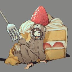 Rule 34 | animal costume, asymmetrical hair, barefoot, bear costume, blush, brown eyes, brown hair, cake, cake slice, cherry, closed mouth, cream, food, fork, fruit, grey background, hair ornament, hairclip, highres, iwakura lain, long sleeves, looking to the side, looking up, mini person, minigirl, on floor, rnfhv, serial experiments lain, simple background, single sidelock, sitting, strawberry shortcake, x hair ornament