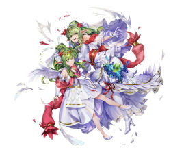 Rule 34 | 2girls, alternate costume, bare shoulders, blue flower, blue rose, bouquet, breasts, bridal legwear, bridal veil, choker, damaged, dragonstone, dress, dual persona, feather-trimmed dress, feather trim, female focus, fire emblem, fire emblem: mystery of the emblem, fire emblem awakening, fire emblem heroes, flower, green eyes, green hair, high heels, high ponytail, holding, holding bouquet, matching hair/eyes, medium breasts, multiple girls, nintendo, official alternate costume, official art, one eye closed, open mouth, pointy ears, ponytail, red scarf, rose, scarf, teeth, tiara, tiki (adult) (fire emblem), tiki (fire emblem), tiki (young) (fire emblem), torn clothes, torn dress, upper teeth only, veil, wedding dress, white background, white choker, white dress, white footwear, wince