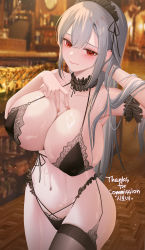 Rule 34 | 1girl, absurdres, arm behind head, arm between breasts, arm strap, arm up, armpits, bare shoulders, between breasts, bikini, black bikini, black choker, black thighhighs, blush, bra, breasts, cafe, choker, cleavage, closed mouth, collarbone, commentary, commission, covered erect nipples, cowboy shot, english commentary, frilled choker, frills, front-tie bikini top, front-tie top, garter straps, groin, hair between eyes, highleg, highleg bikini, highres, indoors, lace, lace-trimmed bra, lace trim, large breasts, lichiko, lingerie, long hair, looking at viewer, maid, maid bikini, maid headdress, navel, original, red eyes, shiny skin, sidelocks, silver hair, single thighhigh, skindentation, solo, standing, stomach, swimsuit, thank you, thighhighs, unconventional maid, underwear, very long hair, wooden floor