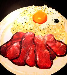 Rule 34 | char-siu, egg yolk, food, food focus, frying-ammonite, garnish, no humans, original, plate, rice, still life, tamagokake gohan