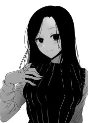 Rule 34 | 1girl, absurdres, black hair, blush, breasts, closed mouth, commentary request, greyscale, highres, long hair, long sleeves, looking at viewer, medium breasts, monochrome, osumoto1, parted bangs, shibasawa yuri, shounen no abyss, simple background, smile, solo, turtleneck, upper body, white background