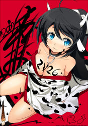 Rule 34 | 00s, 1girl, 2009, animal ears, animal print, bare shoulders, black hair, blue eyes, breasts, bull, calligraphy brush, char, cleavage, cow ears, cow print, face, horns, japanese clothes, kimono, large breasts, long hair, new year, original, paint, paintbrush, smile, solo
