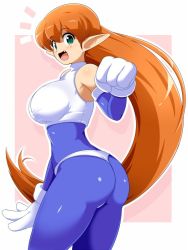 Rule 34 | 1girl, ass, bare shoulders, blush, bodysuit, breasts, fang, galaxy fight, gloves, green eyes, halterneck, konpeto, large breasts, long hair, looking at viewer, open mouth, orange hair, pointy ears, roomi, shiny clothes, skin tight, smile, solo, spandex, very long hair