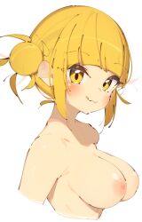 Rule 34 | 1girl, :3, :q, blonde hair, blunt bangs, blush, boku no hero academia, breasts, closed mouth, collarbone, completely nude, cropped arms, cropped torso, double bun, hair bun, highres, large breasts, linea alba, looking at viewer, messy hair, nipples, nude, rasusurasu, short hair with long locks, sideboob, sidelocks, simple background, solo, straight hair, toga himiko, tongue, tongue out, tsurime, upper body, white background, yellow eyes