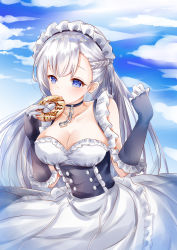 Rule 34 | 1girl, :o, apron, azur lane, bare shoulders, belfast (azur lane), black choker, black gloves, blue eyes, blue sky, braid, breasts, chain, choker, cleavage, cloud, collarbone, commentary request, day, doughnut, dress, elbow gloves, food, frilled apron, frilled dress, frilled gloves, frills, gloves, hands up, highres, holding, holding food, large breasts, long hair, maid headdress, mutang, outdoors, parted lips, silver hair, sky, solo, very long hair, white apron