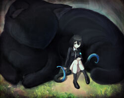 Rule 34 | 1girl, absurdres, animal, arm support, bandage on leg, black eyes, black hair, black jacket, black skirt, black socks, blazer, cat, collared shirt, commentary, dirt, faceless, facing another, from above, full body, glowing, glowing eyes, grass, hair horns, half-closed eyes, hand on own knee, happa de happy, highres, indie virtual youtuber, jacket, kneehighs, knees up, loafers, long sleeves, looking at viewer, looking up, on ground, oversized animal, ringed eyes, scar, scar on neck, shirt, shoes, short hair, sitting, skirt, socks, swirl, tentacles, virtual youtuber, white shirt, yamata ia