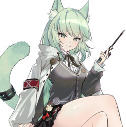 Rule 34 | 1girl, :p, animal ear fluff, animal ears, arknights, arm support, bare legs, black skirt, buttons, cape, cat ears, cat girl, cat tail, commentary, crossed legs, green eyes, green hair, grey vest, harmonie (arknights), highres, holding, holding wand, hood, hooded cape, infection monitor (arknights), long sleeves, looking at viewer, pleated skirt, raramente, reed (arknights), simple background, sketch, skirt, smile, solo, tail, tongue, tongue out, vest, wand, white background, white cape