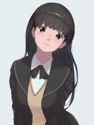 Rule 34 | 1girl, amagami, ayatsuji tsukasa, black bow, black bowtie, black eyes, black hair, black jacket, black sailor collar, blazer, blunt bangs, blush, bow, bowtie, brown sweater, closed mouth, collared shirt, commentary, dress shirt, expressionless, head tilt, jacket, johnnyyyyy, kibito high school uniform, long hair, long sleeves, looking at viewer, loose hair strand, sailor collar, school uniform, shirt, simple background, solo, sweater, upper body, v-neck, white background, white shirt