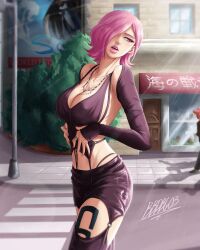 Rule 34 | 1girl, alternate costume, bare shoulders, blue eyes, breasts, dress, female focus, hair over one eye, highres, large breasts, midriff, navel, one eye closed, one piece, pink hair, revealing clothes, solo, tattoo, thick thighs, thighs, vinsmoke reiju