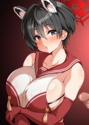 Rule 34 | 1girl, :o, animal ears, black eyes, black hair, blue archive, blush, breasts, censored, crossed arms, elbow gloves, gloves, gradient background, hair between eyes, highres, large breasts, looking at viewer, matching hair/eyes, mosaic censoring, out of frame, parted lips, penis, red background, short hair, side slit, simple background, tsubaki (blue archive), upper body