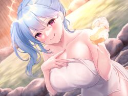 Rule 34 | 1girl, :d, :p, blue hair, blush, breasts, cleavage, closed mouth, collarbone, dutch angle, fence, hair between eyes, halo, highres, hio (hiohio0306), holding, holding sponge, large breasts, licking lips, looking at viewer, naked towel, non-web source, onsen, open mouth, original, purple eyes, rock, side ponytail, sitting, smile, soap bubbles, solo, sponge, tongue, tongue out, towel, water, wet, wooden fence