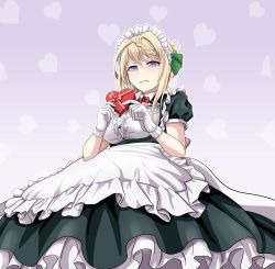 Rule 34 | 1girl, absurdres, apron, blonde hair, blush, box, braid, braided bun, breasts, buttons, closed mouth, dress, gift, gift box, gloves, gradient background, green dress, hair bun, heart, heart-shaped box, heart background, highres, holding, holding gift, kantai collection, large breasts, maid headdress, perth (kancolle), puffy short sleeves, puffy sleeves, purple eyes, short hair, short sleeves, solo, tk8d32, waist apron, white apron, white gloves