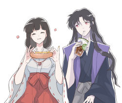 Rule 34 | 1boy, 1girl, ^ ^, anachronism, black hair, blush, closed eyes, cup, disposable cup, drink, drinking straw, drinking straw in mouth, eating, closed eyes, flower, food, food on hand, grey hakama, hakama, hand up, hands up, happy, heisedemei, holding, holding cup, holding drink, holding food, hot dog, inuyasha, japanese clothes, kikyou (inuyasha), kimono, long hair, miko, mustard, naraku (inuyasha), pinky out, red eyes, red hakama, ribbon-trimmed sleeves, ribbon trim, side-by-side, sidelocks, sideways glance, simple background, starbucks, upper body, vest, wavy hair, white background, wide sleeves