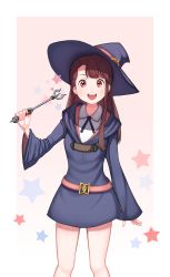 Rule 34 | 1girl, absurdres, black hat, brown hair, commentary request, hat, highres, holding, holding wand, kagari atsuko, little witch academia, long hair, looking at viewer, red eyes, sleeves past wrists, smile, solo, standing, star (symbol), teeth, upper teeth only, wand, witch hat, yugo (yuno65)