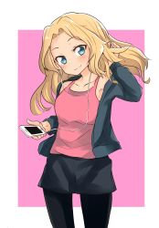 Rule 34 | 1girl, absurdres, barashiya, black jacket, black shorts, blonde hair, blue eyes, blush, casual, closed mouth, commentary, cowboy shot, digital media player, earbuds, earphones, girls und panzer, hair intakes, hand in own hair, head tilt, highres, holding, jacket, kay (girls und panzer), pantyhose under shorts, light blush, long hair, long sleeves, looking at viewer, off shoulder, open clothes, open jacket, pantyhose, pink background, pink shirt, shirt, shorts, smile, solo, standing, tank top