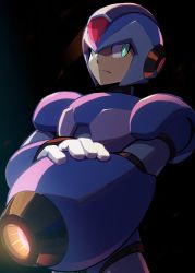 Rule 34 | 1boy, android, arm cannon, armor, black background, blue headwear, closed mouth, gloves, glowing, green eyes, hand on own arm, helmet, highres, hoshi mikan, looking at viewer, male focus, mega man (series), x (mega man), mega man x (series), robot ears, serious, simple background, solo, upper body, weapon, white gloves