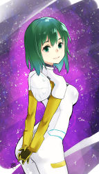 Rule 34 | 1girl, absurdres, arched back, arms behind back, bodysuit, breasts, character request, closed mouth, cowboy shot, from side, gloves, green eyes, green hair, hair between eyes, highres, long hair, looking at viewer, medium breasts, momoyama hinase, pilot suit, school girl strikers, sky, smile, solo, standing, star (sky), starry sky, straight hair, white bodysuit, yellow gloves