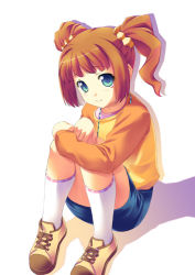 Rule 34 | 00s, blue eyes, brown hair, child, idolmaster, idolmaster (classic), idolmaster 1, mifumi takafumi, raglan sleeves, sitting, solo, takatsuki yayoi, twintails